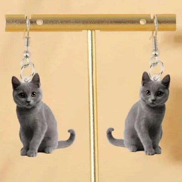 Calling All Cat Lovers | Women's Girls Gray Dangle Cat Earrings - Gift - Picture 2 of 6